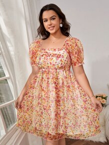 SHEIN VCAY Plus Ditsy Floral Puff Sleeve Dress - Multicolor - View 1