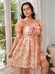 SHEIN VCAY Plus Ditsy Floral Puff Sleeve Dress - Multicolor - View 4