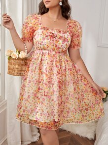 SHEIN VCAY Plus Ditsy Floral Puff Sleeve Dress - Multicolor - View 5