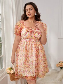 SHEIN VCAY Plus Ditsy Floral Puff Sleeve Dress - Multicolor - View 6
