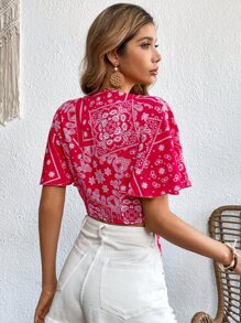 SHEIN VCAY Áo nữ Thắt nơ trước Bộ lạc Boho - Màu Hồng Tươi - Xem 2