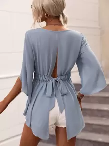 SHEIN Clasi Knot Back Split Sleeve Blouse - Dusty Blue - View 1