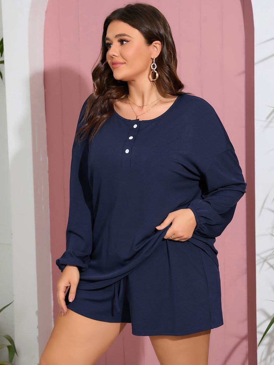 SHEIN LUNE Plus Drop Shoulder Tee & Knot Waist Track Shorts - Navy Blue - View 1