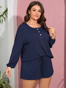 SHEIN LUNE Plus Drop Shoulder Tee & Knot Waist Track Shorts - Navy Blue - View 3