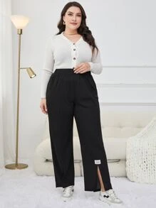 Mulvari Plus Letter Patched Detail Split Hem Trousers - Black - View 4