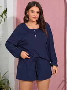 SHEIN LUNE Plus Drop Shoulder Tee & Knot Waist Track Shorts - Navy Blue - View 5