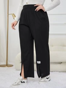 Mulvari Plus Letter Patched Detail Split Hem Trousers - Black - View 5