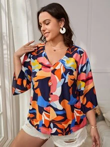 SHEIN VCAY Plus Allover Print Button Front Blouse - Multicolor - View 3