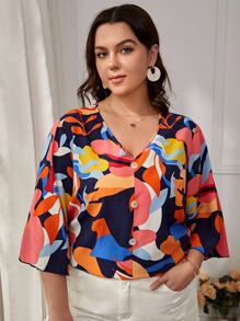 SHEIN VCAY Plus Allover Print Button Front Blouse - Multicolor - View 4