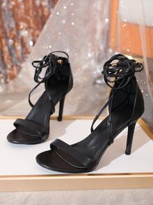 Tie Leg Design Stiletto Heeled Sandals - Black - View 4