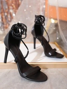 Tie Leg Design Stiletto Heeled Sandals - Black - View 6