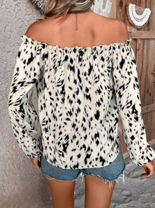 SHEIN VCAY Allover Print Tie Front Off Shoulder Blouse - Apricot - View 4