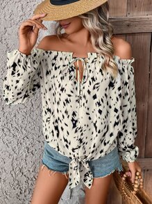 SHEIN VCAY Allover Print Tie Front Off Shoulder Blouse - Apricot - View 2