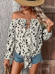 SHEIN VCAY Allover Print Tie Front Off Shoulder Blouse - Apricot - View 6