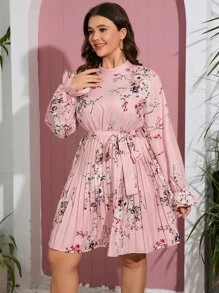 SHEIN LUNE Vestido con cinturón con estampado floral de manga con volante - Rosa Pálido - Ver 1