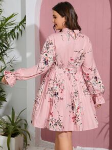 SHEIN LUNE Vestido con cinturón con estampado floral de manga con volante - Rosa Pálido - Ver 2