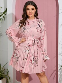 SHEIN LUNE Vestido con cinturón con estampado floral de manga con volante - Rosa Pálido - Ver 3