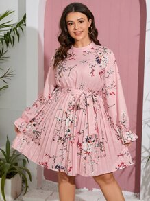 SHEIN LUNE Vestido con cinturón con estampado floral de manga con volante - Rosa Pálido - Ver 4