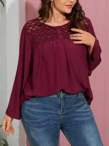 SHEIN LUNE Plus Contrast Lace Bishop Sleeve Blouse - Maroon - View 1