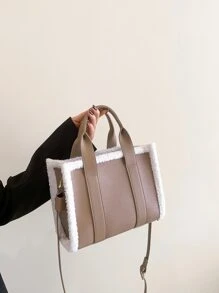 Two Tone Double Handle Square Bag - Khaki - View 2