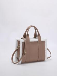 Two Tone Double Handle Square Bag - Khaki - View 3
