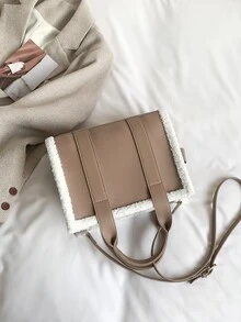 Two Tone Double Handle Square Bag - Khaki - View 6