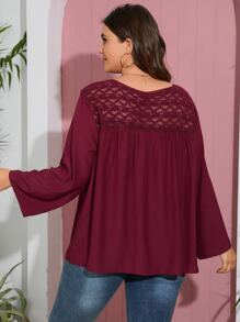 SHEIN LUNE Plus Contrast Lace Bishop Sleeve Blouse - Maroon - View 2