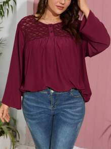 SHEIN LUNE Plus Contrast Lace Bishop Sleeve Blouse - Maroon - View 4