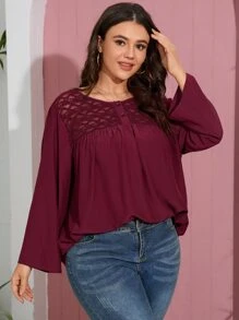 SHEIN LUNE Plus Contrast Lace Bishop Sleeve Blouse - Maroon - View 5
