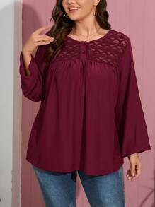 SHEIN LUNE Plus Contrast Lace Bishop Sleeve Blouse - Maroon - View 6