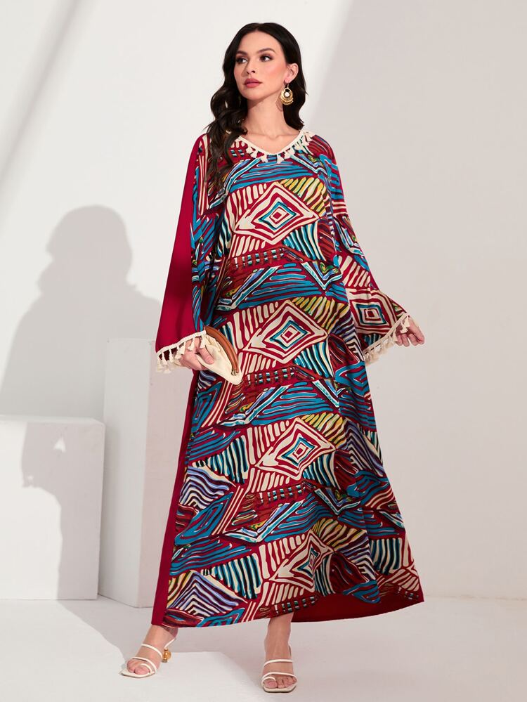 Burgundy Red Geo Print V Neck Kaftan