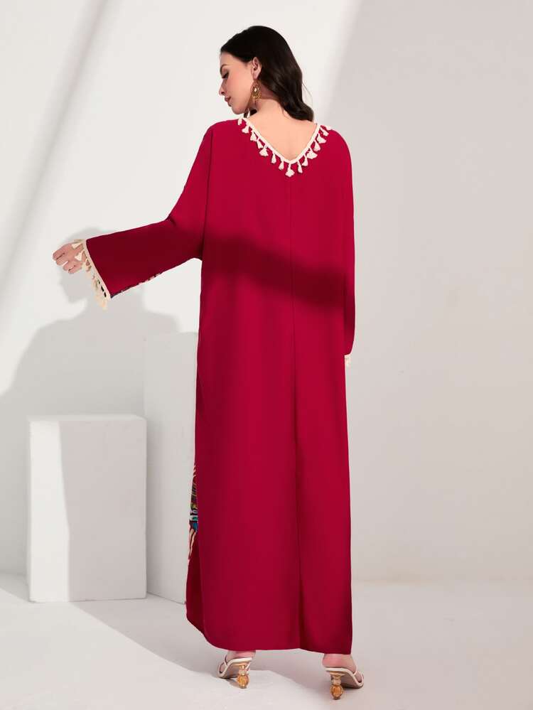 Burgundy Red Geo Print V Neck Kaftan