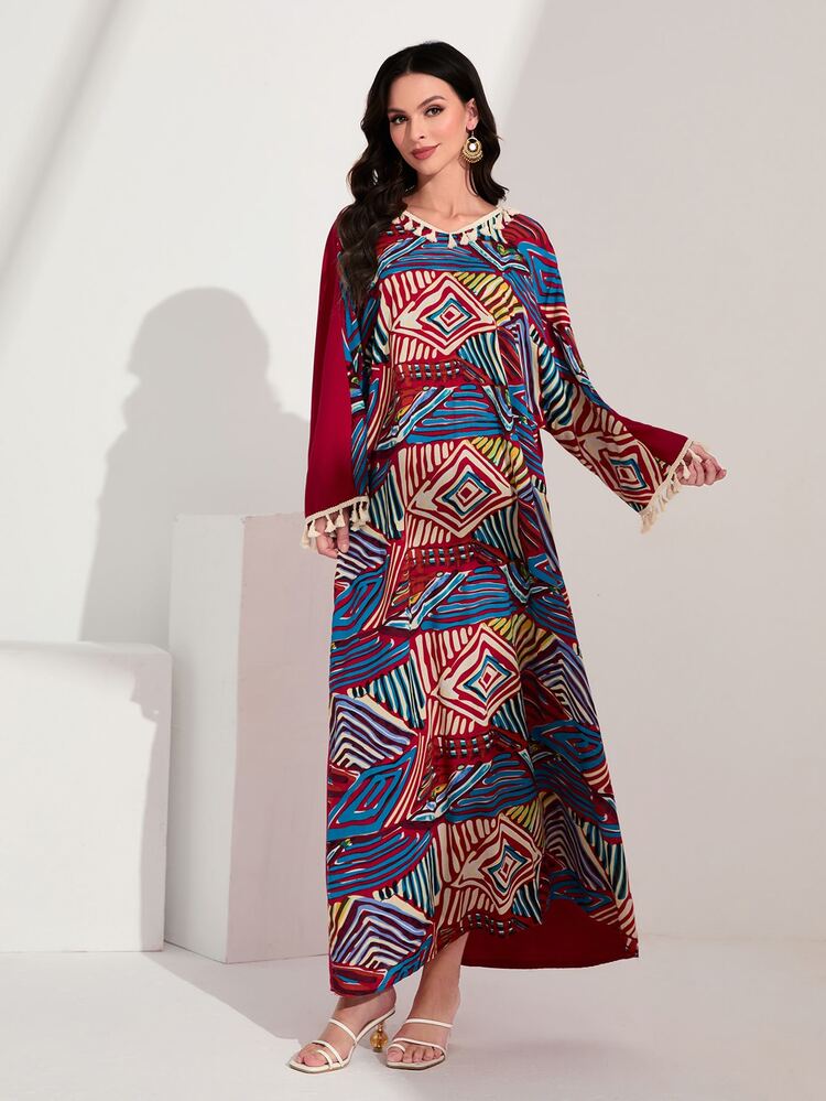 Burgundy Red Geo Print V Neck Kaftan