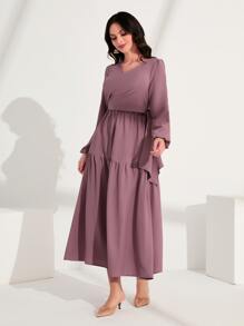 Mulvari 交疊領燈籠袖荷葉邊連衣裙 - 淡紫色 - 查看 3