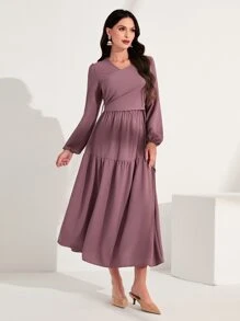 Mulvari 交疊領燈籠袖荷葉邊連衣裙 - 淡紫色 - 查看 4