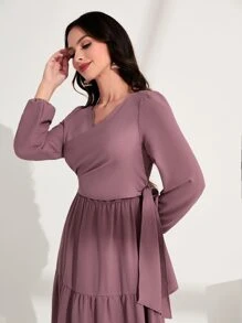 Mulvari 交疊領燈籠袖荷葉邊連衣裙 - 淡紫色 - 查看 5