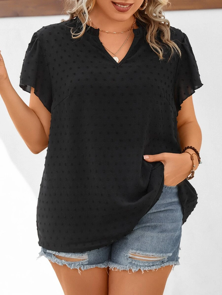 SHEIN LUNE Plus Swiss Dot Batwing Sleeve Blouse - Black - View 1
