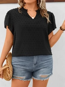 SHEIN LUNE Plus Swiss Dot Batwing Sleeve Blouse - Black - View 5
