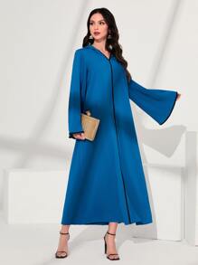 Al Najma Contrast Piping Trumpet Sleeve Hooded Dress - Blue - View 1