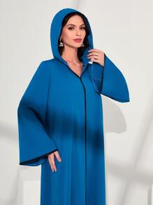 Al Najma Contrast Piping Trumpet Sleeve Hooded Dress - Blue - View 3