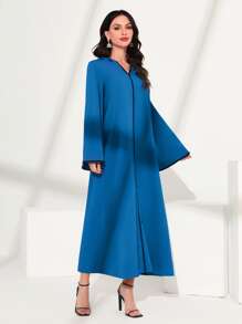 Al Najma Contrast Piping Trumpet Sleeve Hooded Dress - Blue - View 4