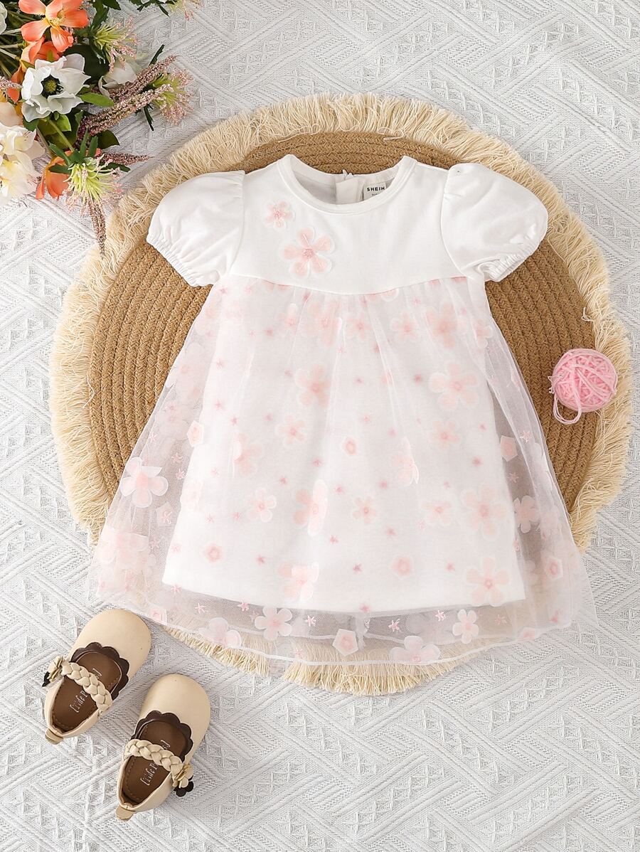 Bebé Vestido de malla con estampado floral de manga farol - Blanco - Ver 1