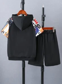 SHEIN Tween Boy Letter Graphic Raglan Sleeve Hoodie & Shorts, School, Campus, College - Black - View 2