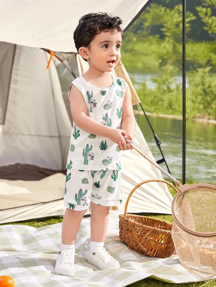 Baby Boy Cactus And Koala Print Tank Top & Shorts - White - View 1