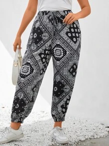 SHEIN Holidaya Plus Paisley Print Carrot Trousers - Black and White - View 3