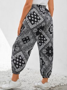 SHEIN Holidaya Plus Paisley Print Carrot Trousers - Black and White - View 2
