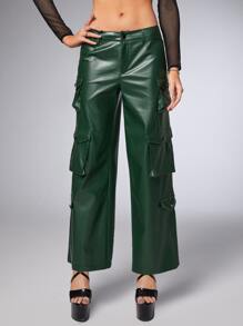 SHEIN ICON Quần Cargo Gorpcore Tăng thấp Túi có nắp Da giả - Màu xanh lá cây đậm - Xem 1