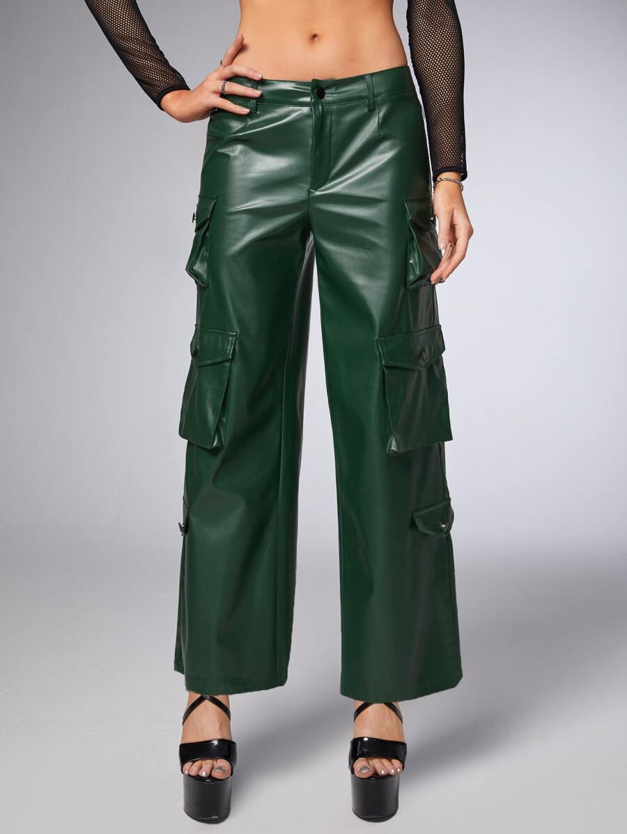 SHEIN ICON Quần Cargo Gorpcore Tăng thấp Túi có nắp Da giả - Màu xanh lá cây đậm - Xem 1