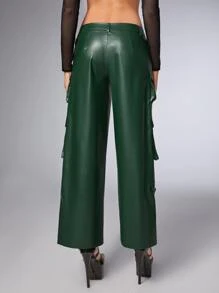 SHEIN ICON Quần Cargo Gorpcore Tăng thấp Túi có nắp Da giả - Màu xanh lá cây đậm - Xem 2