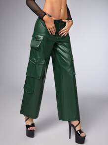 SHEIN ICON Quần Cargo Gorpcore Tăng thấp Túi có nắp Da giả - Màu xanh lá cây đậm - Xem 3